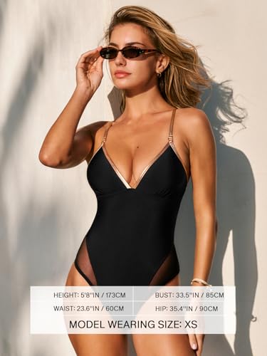 Cupshe Women's One-Piece Swimsuit with V-Neck and Mesh Trim - Black, Medium