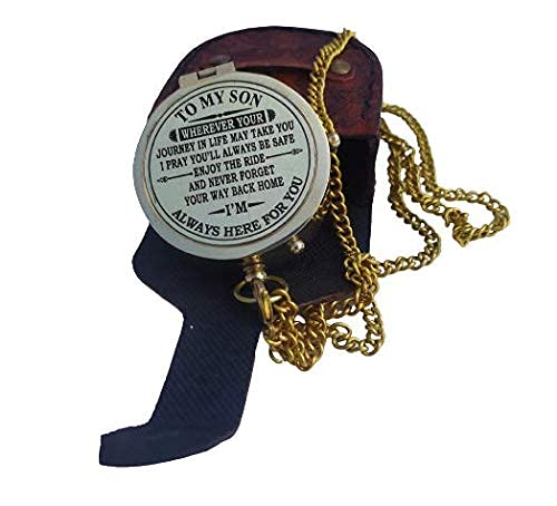 THE ANTIQUE HOUSE Shiny Brass Compass with Leather Case Gift for Son