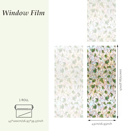 Runtoo Window Privacy Film Rainbow Leaves Window Clings 3D Decorative Vinyl Stained Glass Green Plant Vines Decals Static Sticker Non-Adhesive, 17 x 40 inches