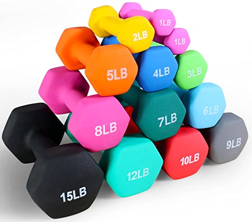 Fitvids 2-Pound Neoprene Dumbbell Hand Weights Set with Stand - Colorful Hex Shape, Anti-Slip & Anti-Roll