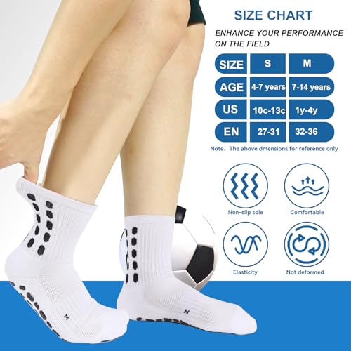 Kids Grip Soccer Socks - Cushioned Non-Slip Athletic Socks - Medium Black+White+Blue