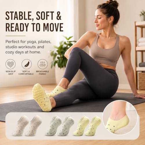 YesMvpMvp Non-Slip Pilates Socks with Grips for Women, Multipack, Grey, Light Yellow, Khaki, US Size 5-9
