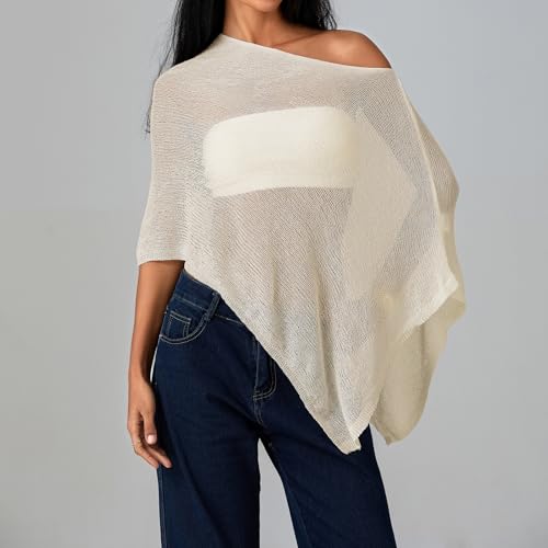 Seyurigaoka Creamy White Sheer Poncho Top with Off-Shoulder Mesh Cover Up - One Size