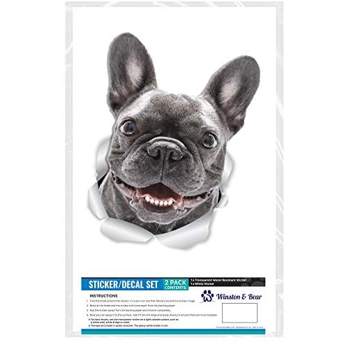 Winston & Bear Smiling Frenchie Dog Wall Decals - 2 Pack - French Bulldog 3D Sticker Decals for Walls, Cars, Toilet and More - Retail Packaged French Bulldog Gifts