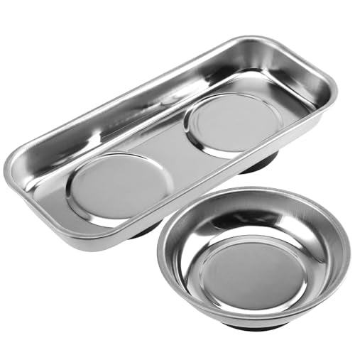 SINJEUN 10 Pieces Rectangle Magnetic Part Tray, 2 Sizs Magnetic Tray Set 6x2.55x1 and 2.95x1 Inch Stainless Steel Magnetic Tray Holder for Screws, Nut, Bolt and Metal Part