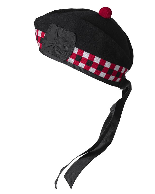 UMAM Scottish Glengarry Cap 7 3/4 Black & Red Diced Wool Traditional Hat