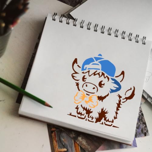 4 Styles Cartoon Highland Cow Stencil for Painting, 11.8"x11.8" Reusable Cute Animal Stencil Drawing Template, DIY Craft Paint Template for Wall Home Decor Wood Burning Card Farmhouse Fabric