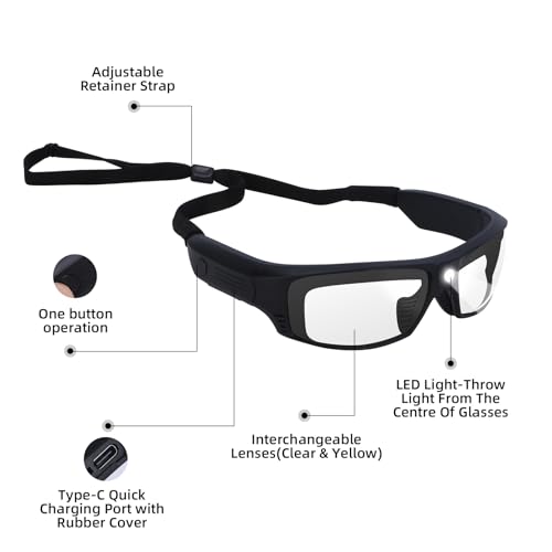 Tinted Safety Glasses for Men and Women with Rechargeable LED Lights-High Lumens 13 Hours Runtime ANSI Z87.1 TR90 Frame Strap£¦2 Lens Included