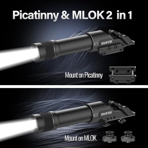 Solofish Aluminum 1450lm Flashlight is Compatible Picatinny/Mlok Rail, with Pressure Pad Switch for Rifle, Weapon Light with Strobe/Momentary, Replaceable Batteries