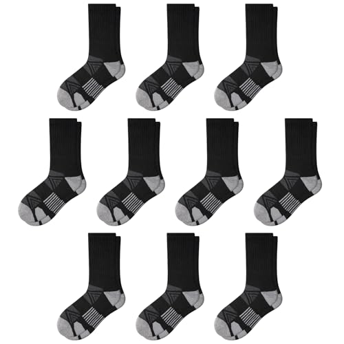 Comfoex Kids' Athletic Crew Socks 10 Pairs for Boys 4-10 Years, Black, Cushioned Sole