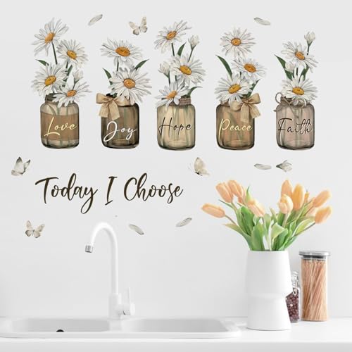Yovkky Inspirational Quote Daisy Flower Wall Decals Stickers, Positive Today I Choose Love Joy Hope Peace Faith Home Bedroom Decor, Floral Mason Jar Butterfly Living Room Kitchen Decorations Art