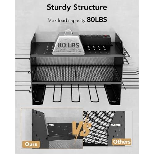 HOEMASY Power Tool Organizer Wall Mount, 3-Tier with 4 Outlet Charging Station | 100lbs Load Heavy Duty Garage Storage Rack for Drills, Batteries, Tools | Gift for Men, Dad, Workshop & Pegboard Black