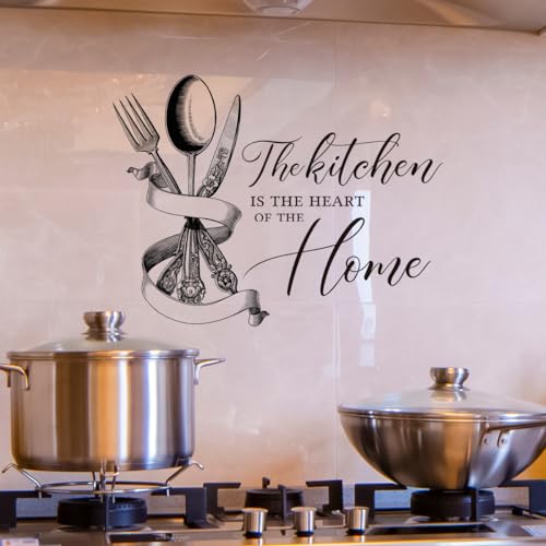 Kitchen-Themed Wall Decal - 'The Kitchen is The Heart of The Home' with Silver Utensils Design The Wall Decal adds a Warm and Functional Touch to Your Kitchen, Easy Peel & Stick