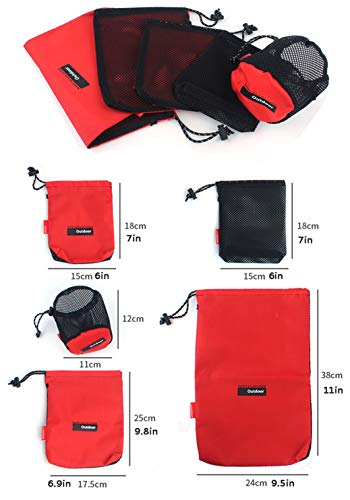 Nylon Drawstring Bags Set - 5 Pieces, Red, Various Sizes