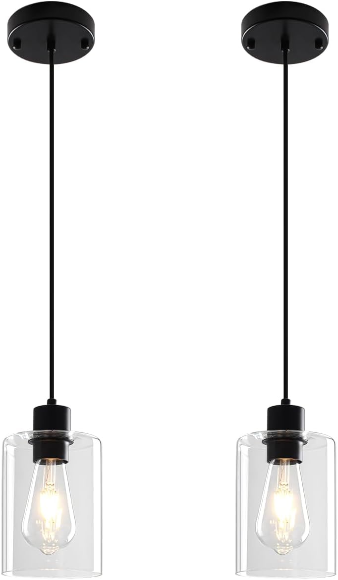 Modern Black Pendant Lights for Kitchen Island - 3 Pack Glass Hanging Fixtures
