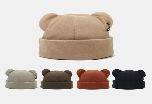 Fall Winter Beanie Hats for Women Men Bear Ear Skull Cap Brimless Cap Adjustable Docker Cap Black