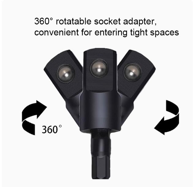 4-in-1 Impact Drill Bit Extension Set with a 105° angle screwdriver bit, right angle drill adaptor, and 360° rotatable socket adapters for 1/4", 3/8", and 1/2" sizes