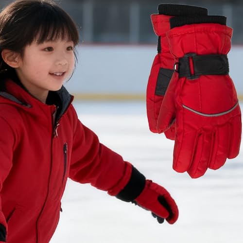 Kids Winter Ski Gloves - Warm Windproof for 5-10T - Curved Red