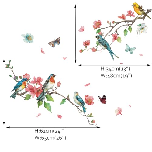 Runtoo Bird Wall Decals Pink Floral Tree Branch Wall Art Stickers Bedroom Kitchen Living Room Kids Nursery Decor