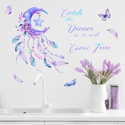 Yovkky Catch The Dream Purple Moon Wall Decals Stickers, Inspirational Dreamcatcher Feathers Flower Butterfly Nursery Decor, Boho Positive Quote Home Decorations Girls Kids Bedroom Living Room Art