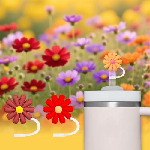5-Piece Flower Silicone Straw Covers - 10mm Dust-Proof Toppers - Warm Tones
