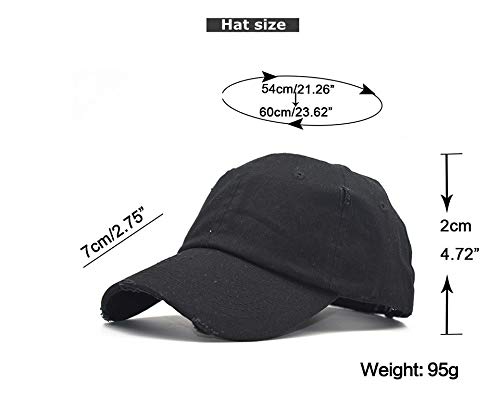 Distressed Ponytail Baseball Cap - Adjustable Cotton Hat - Black