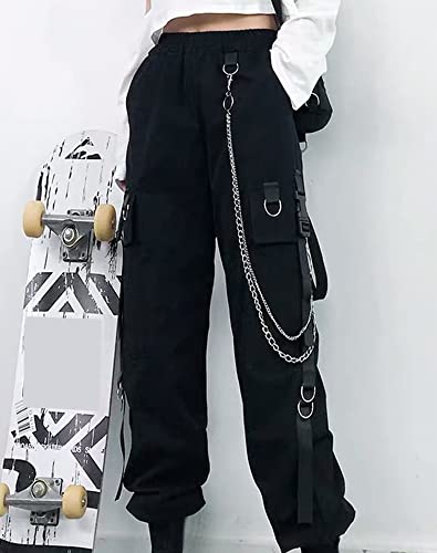 Women's Wide Leg Cargo Pants with Elastic Waist and Chain