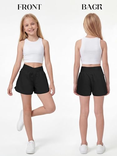 Girls High Waisted Athletic Shorts with Zipper Pockets - Black, 13-14 Years