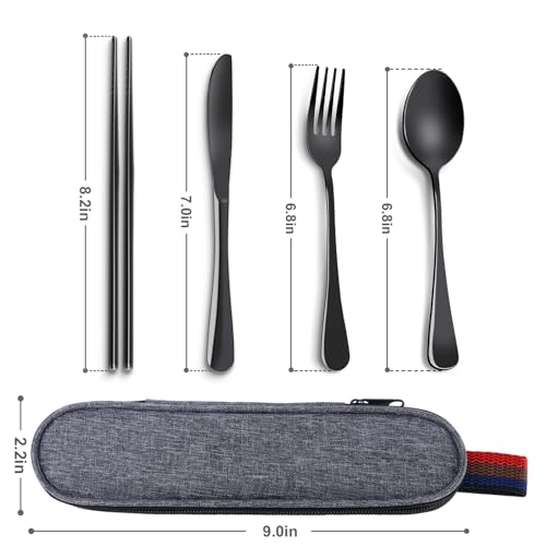 5-Piece Stainless Steel Travel Utensils Set with Carrying Case - Black