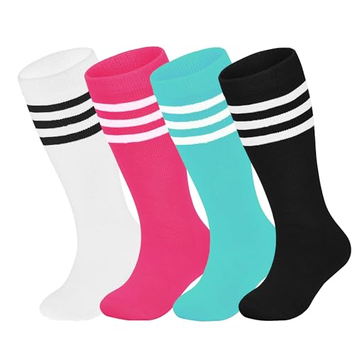 LPMOERA 4 Pairs Toddler Knee High Athletic Soccer Socks for Boys Girls - 1-4T Hot Pink/Black/Lake Blue