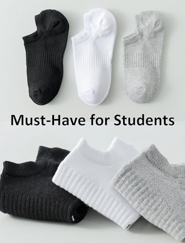 Kids No Show Athletic Socks - Cotton Ankle Socks, 4 Pairs, 5-8 Years, Black/White/Grey