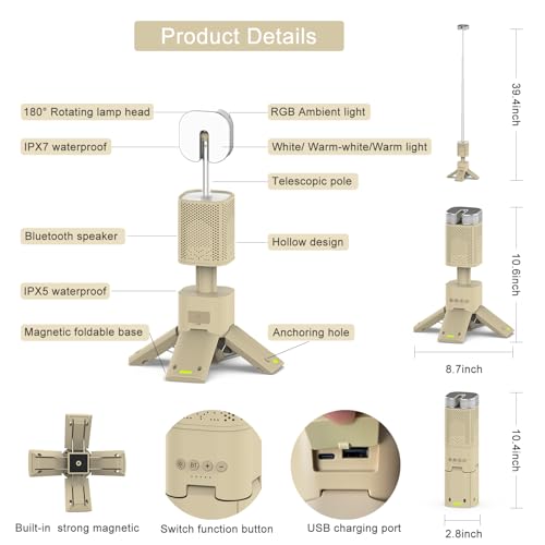 Camping Lantern, 14000mAh Rechargeable Telescopic Camping Lights Built-in Magnetic Stand with Speaker, Portable Waterproof Outdoor LED Flashlight for Emergency, Hiking, Camping, Fishing -Khaki