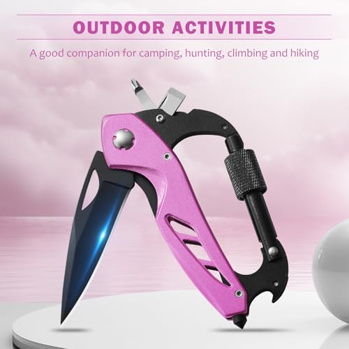 6-in-1 Pink Multitool Carabiner Knife - EDC Tool for Camping & Hiking