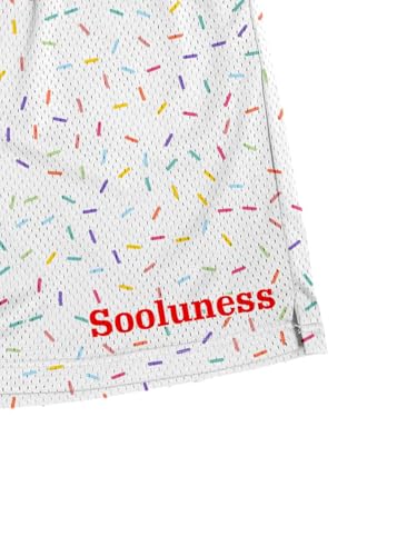 Sooluness Men's White Mesh Graphic Print Shorts Medium - 5 Inch Inseam Casual Gym & Sports