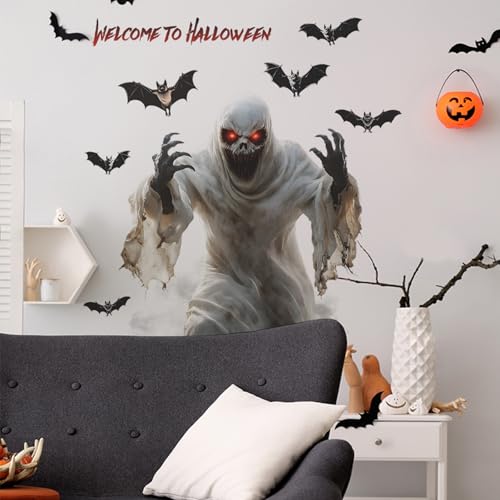 Halloween Wall Decals Scary Ghost with Red Eyes and Bats ? Spooky Horror Wall Stickers for Haunted House, Living Room, Party Decorations, Removable Halloween Decor