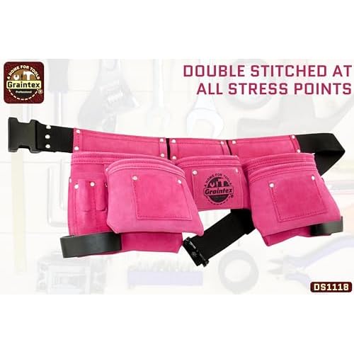 Graintex DS1118 8 Pocket Pink Tool Belt in Suede Leather with 2¡± Webbing Belt, 2 Leather Hammer Holders Loops