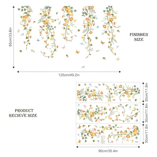 Hanging Flowers Vine Wall Stickers Yellow Morning Glory Wall Decals Autumn Floral Butterflies Art Wall Decor for Bedroom Living Room Sofa TV Backdrop