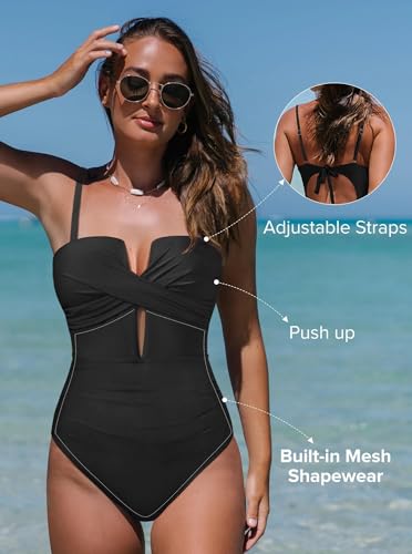 Popvil Women's One Piece Swimsuit Black Medium Tummy Control Cutout Bathing Suit