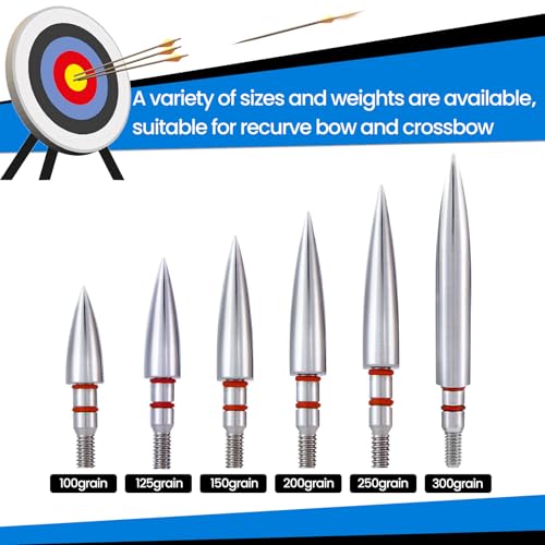 12pcs Archery Field Points - 100 to 300 Grain Screw-in Tips