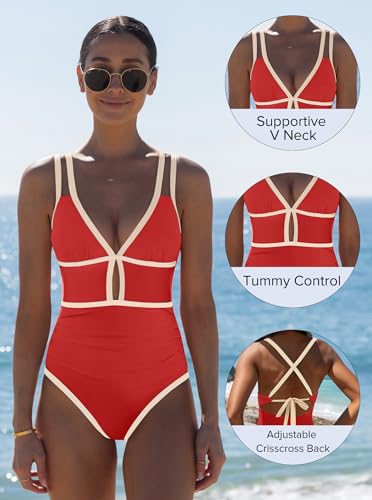 POPVIL Neon Tummy Control One-Piece Swimsuit for Women - Medium, Brick Red