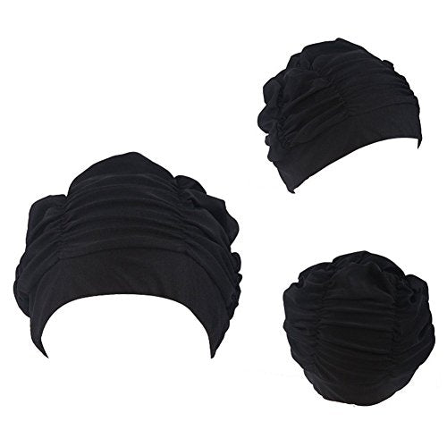 Pleated Swim Hat for Women - Black Color Fabric Bathing Cap