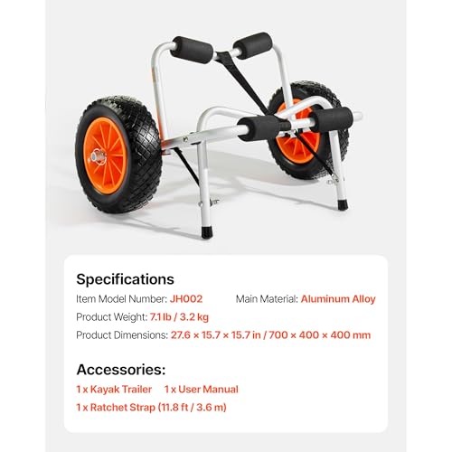 VEVOR Foldable Kayak Cart 250 lbs Capacity with 10-Inch Solid Rubber Tires, 27.6 x 15.7 in