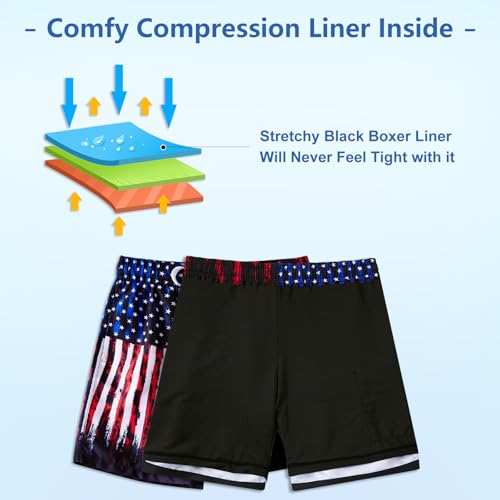 Boys Swim Trunks with Compression Liner Boardshort Quick Dry 7-18T - TUONROAD, Blue-3 (10-12 / Blue Red White)