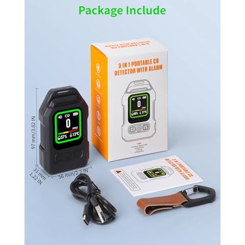 Carbon Monoxide Detectors, 3-in-1 Portable CO Detector with Magnetic Back 300H Standby Alarm, Rechargeable RV CO Alarm Temp/Hum Sensor with Lanyard for Camping Hotel Travel Tent Car