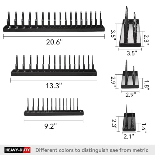 6PCS Socket Organizer Tray Set, Red SAE & Black Metric Socket Storage Trays, 1/4-Inch, 3/8-Inch & 1/2-Inch Drive Deep and Shallow Socket Holders for Toolboxes