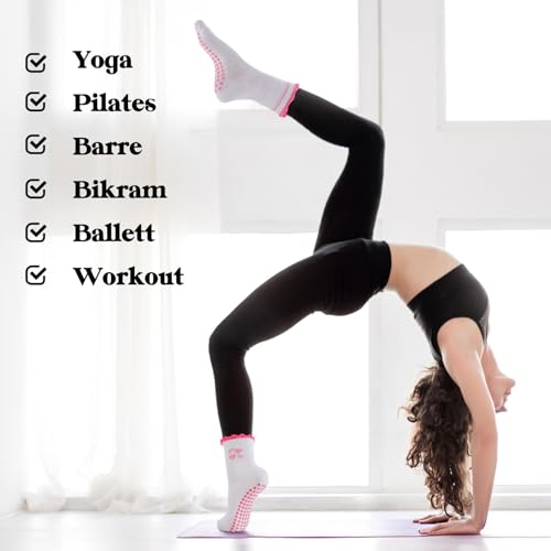 Non-Slip Pilates Grip Yoga Socks - 6 Pairs in Pink, Red, Ruffles