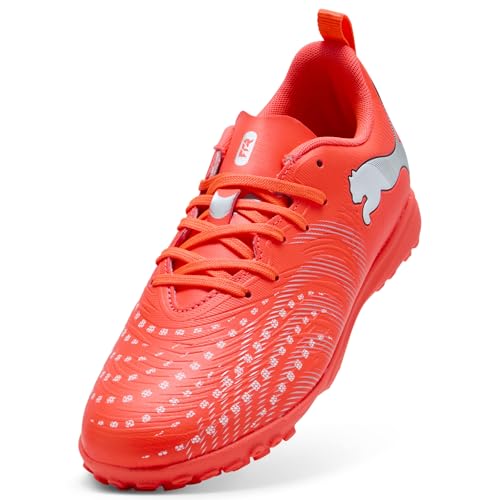 PUMA Kids Future 9 Play Turf Soccer Shoes - Glowing Red-White-Black-Silver, Size 3.5