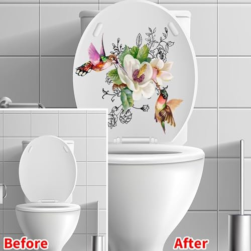 Birds Flowers Butterfly Toilet-Floral Birds Butterfly Toilet Seat Decals-DIY Removable Waterproof Toilet Sticker-Seat Lid Stickers Self-Adhesive Bathroom Wall Sticker for Cistern Decor 11.8x11.8in