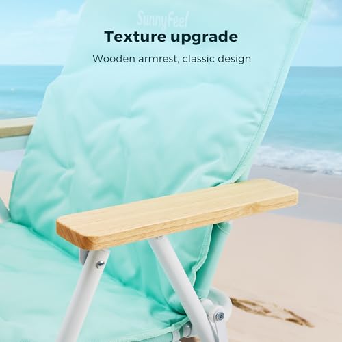 SunnyFeel Green Foldable Beach Chair with Wood Armrest & Cushion - Lightweight Camping & Outdoor Seat