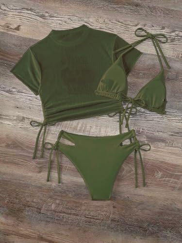 Sexybody Women's 3-Piece Green Halter Bikini & Mesh Swimsuit Set L